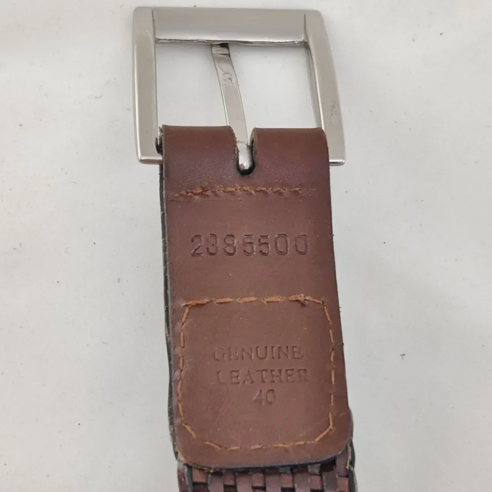 Woven genuine Leather Belt Sz 40 in Brown Square Buckle Heel Prong Silver Metal